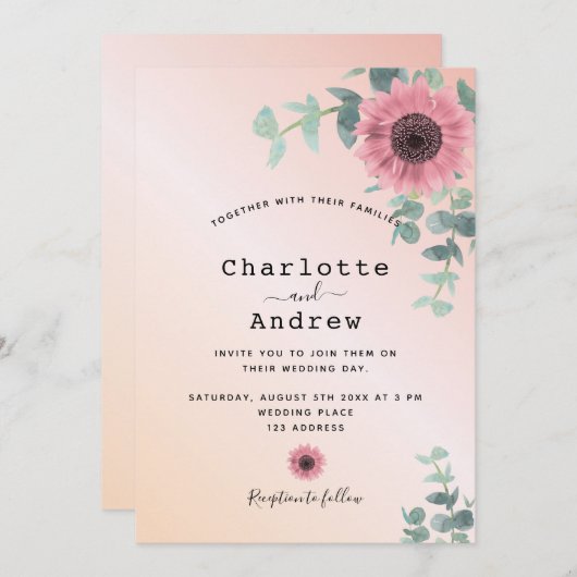 赤面ピンクのバラ金ゴールドフローラ結婚緑 招待状 (正面/裏面)