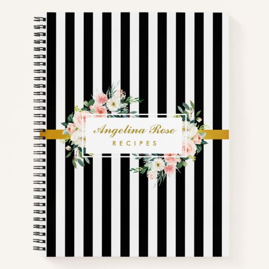 赤面ピンクのバラ黒と白のレシピ本 ノートブック (正面)