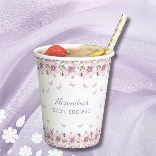 赤面ピンクのフローラお洒落バタフライベビーシャワー 紙コップ