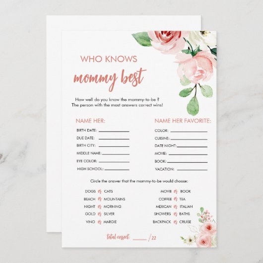 赤面ピンクのフローラがママのゲームカー最高のドを知っている 招待状 (正面/裏面)