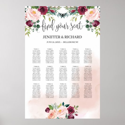 赤面ピンクのフローラが燃え立つ緑のシーティングチャート ポスター (正面)