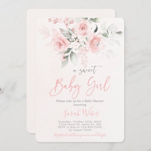 赤面ピンクのフローラの赤ちゃんシャワーガール 招待状 (正面/裏面)