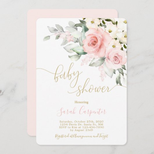 赤面ピンクのフローラの赤ちゃんシャワーガール 招待状 (正面/裏面)