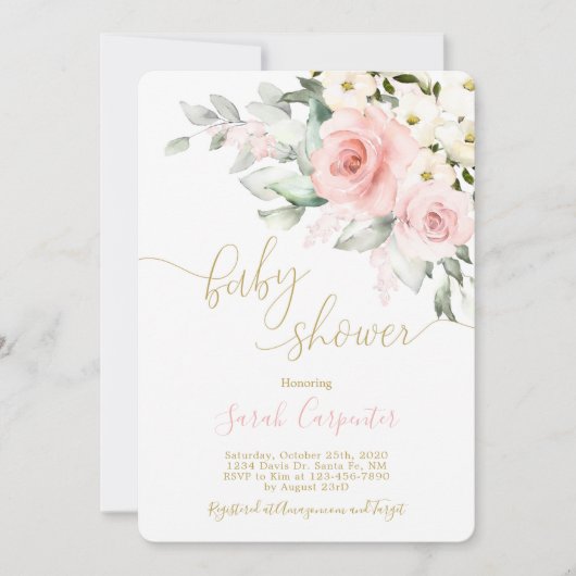 赤面ピンクのフローラの赤ちゃんシャワーガール 招待状 (正面)