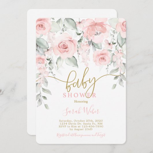 赤面ピンクのフローラの赤ちゃんシャワーガール 招待状 (正面/裏面)