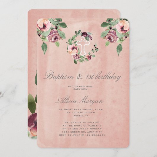 赤面ピンクのフローラエレガントバプテスマの最初の誕生日 招待状 (正面/裏面)