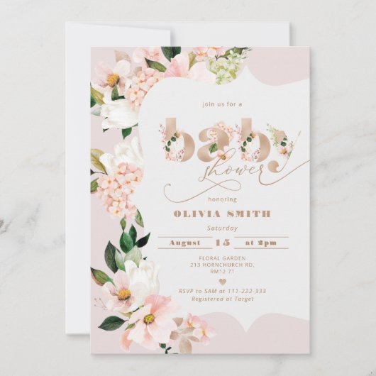 赤面ピンクのフローラエレガントベビーガールシャワー 招待状 (正面)