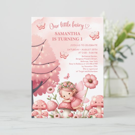 赤面ピンクのフローラガーデンパーティー妖精の女の子の誕生日 招待状 (スタンド正面)