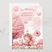 赤面ピンクのフローラガーデンパーティー妖精の女の子の誕生日 招待状 (正面/裏面)