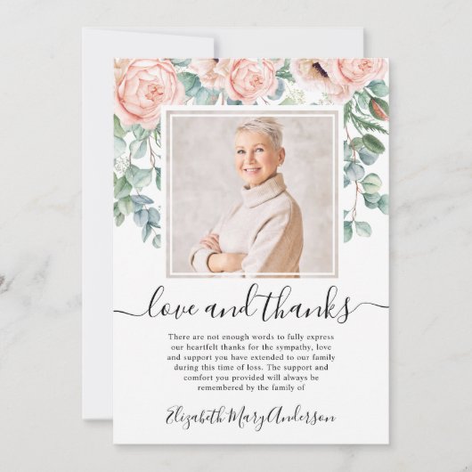 赤面ピンクのフローラサンキューベリーフォト サンキューカード (正面)