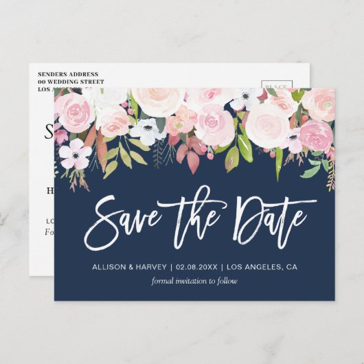 赤面ピンクのフローラネイビーブルー日付を保存 ポストカード (正面/裏面)