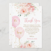 赤面ピンクのフローラバルーン金ゴールドツインベビーシャワー サンキューカード (正面/裏面)