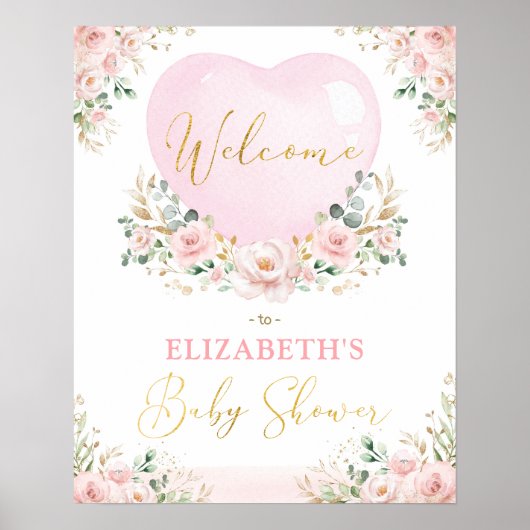 赤面ピンクのフローラバレンタインベビーシャワーウェルカム ポスター (正面)