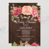 赤面ピンクのフローラバーウッドベビーシャワー 招待状 (正面/裏面)