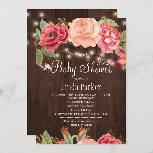 赤面ピンクのフローラバーウッドベビーシャワー 招待状 (正面/裏面)