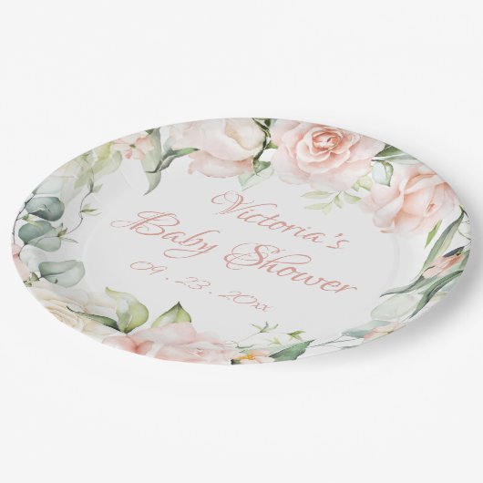 赤面ピンクのフローラパーソナライズされたベビーシャワー ペーパープレート (アングル)