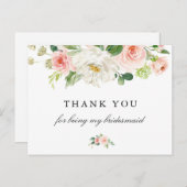 赤面ピンクのフローラブリデスメイドサンキューカード インビテーションポストカード (正面/裏面)