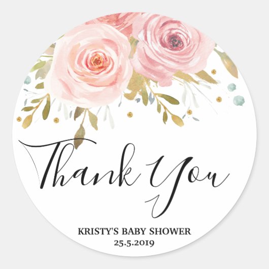 赤面ピンクのフローラベビーガールシャワー好みスタンプ ラウンドシール (正面)