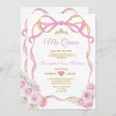 赤面ピンクのフローラボウリボン金ゴールドクラウンミカンス 招待状 (正面/裏面)