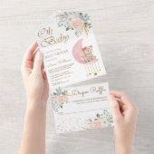 赤面ピンクのフローラムーンキュートテディベア赤ちゃんシャワー オールインワン招待状 (貼ってはがせる)