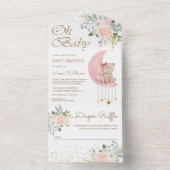 赤面ピンクのフローラムーンキュートテディベア赤ちゃんシャワー オールインワン招待状 (内側)