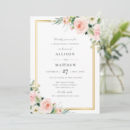 赤面ピンクのフローラリハーサルのディナーの招待 招待状 (スタンド正面)