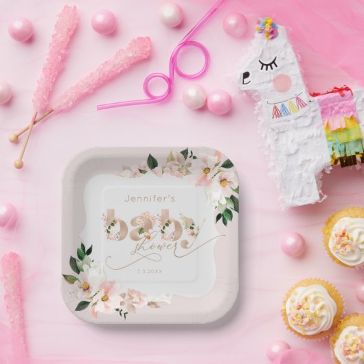 赤面ピンクのフローラ女の子のシャワーブラケットの形状 ペーパープレート (パーティー)