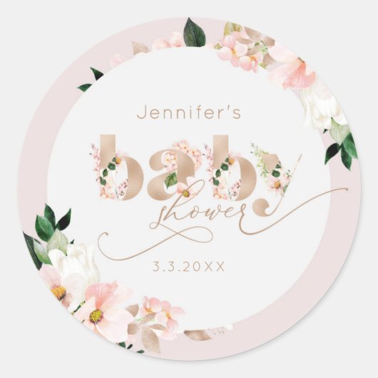 赤面ピンクのフローラ女の子の赤ちゃんシャワーエレガント ラウンドシール (正面)