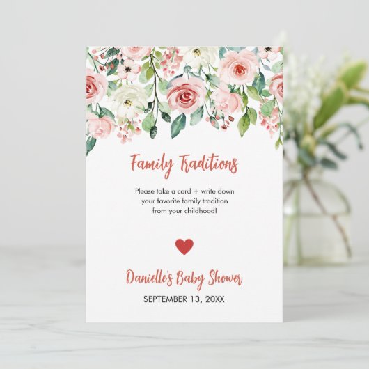 赤面ピンクのフローラ家族の伝統ベビーシャワー 案内状 (スタンド正面)