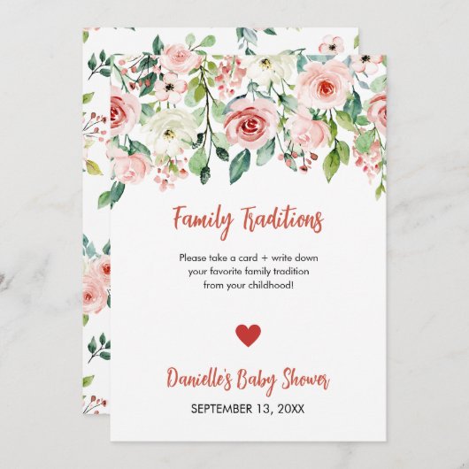 赤面ピンクのフローラ家族の伝統ベビーシャワー 案内状 (正面/裏面)