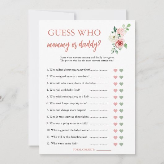 赤面ピンクのフローラ推測誰が赤ちゃんシャワーのゲームカード 招待状 (正面)