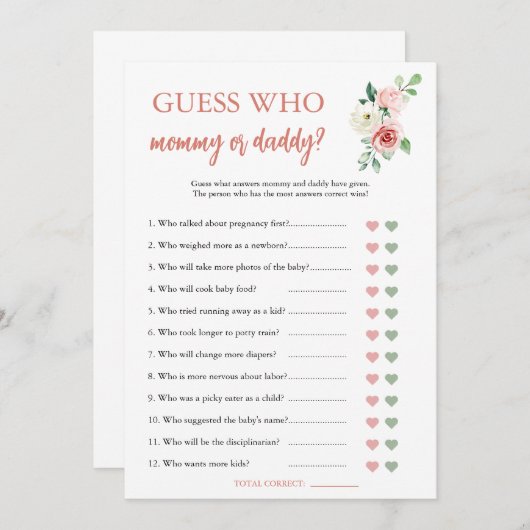 赤面ピンクのフローラ推測誰が赤ちゃんシャワーのゲームカード 招待状 (正面/裏面)
