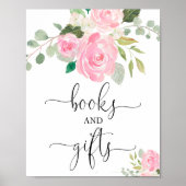 赤面ピンクのフローラ本とギフト赤ちゃんシャワーのサイン ポスター (正面)