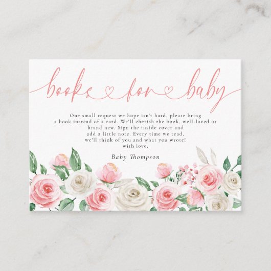 赤面ピンクのフローラ本の赤ちゃん女の子シャワー エンクロージャーカード (正面)