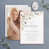 赤面ピンクのフローラ水の色のスクリプトフォト結婚ズ 招待状