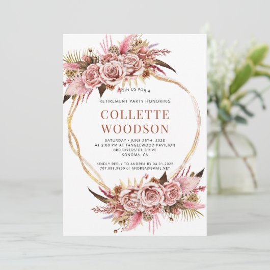 赤面ピンクのフローラ水の色の退職パーティー 招待状 (スタンド正面)