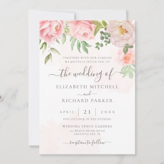 赤面ピンクのフローラ牡丹すべて1つのQRコード結婚の 招待状