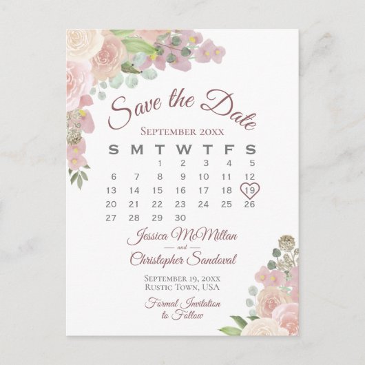 赤面ピンクのフローラ結婚式日付カレンダーを保存 案内ポストカード (正面)
