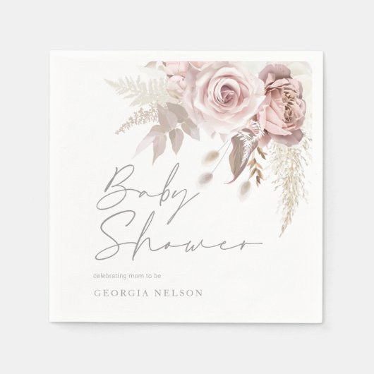 赤面ピンクのフローラ美しい赤ちゃんシャワー スタンダードカクテルナプキン (正面)