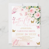 赤面ピンクのフローラ蝶キス赤ちゃんシャワー 招待状 (正面)