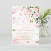 赤面ピンクのフローラ蝶キス赤ちゃんシャワー 招待状 (スタンド正面)