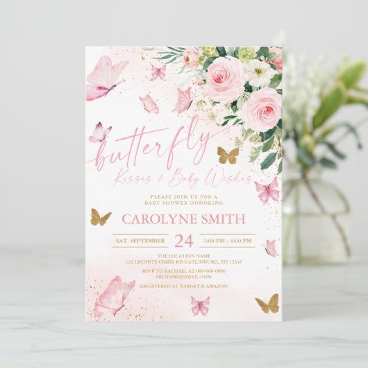 赤面ピンクのフローラ蝶キス赤ちゃんシャワー 招待状 (スタンド正面)