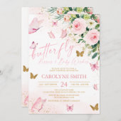 赤面ピンクのフローラ蝶キス赤ちゃんシャワー 招待状 (正面/裏面)