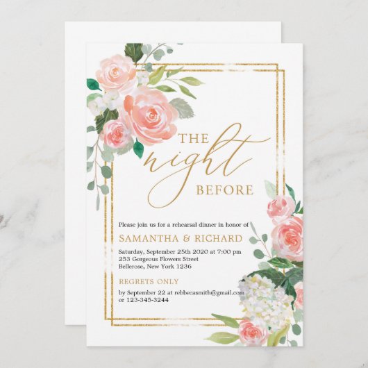 赤面ピンクのフローラ金ゴールドは前夜の幾何学的 招待状 (正面/裏面)
