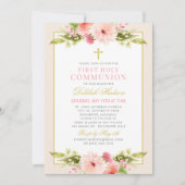 赤面ピンクのフローラ金ゴールドクロスファースト・コミュニオンガール 招待状 (正面)