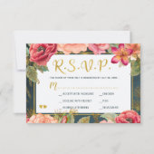 赤面ピンクのフローラ金ゴールドネイビータイポグラフィ結婚式rsvp 出欠カード (正面)