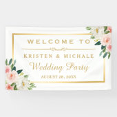 赤面ピンクのフローラ金ゴールドフレームウェディングパーティー 横断幕 (横)