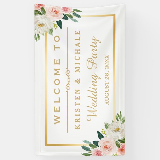 赤面ピンクのフローラ金ゴールドフレームウェディングパーティー 横断幕 (縦)