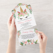 赤面ピンクのフローラ金ゴールドユニコーンベビーシャワー オールインワン招待状 (貼ってはがせる)