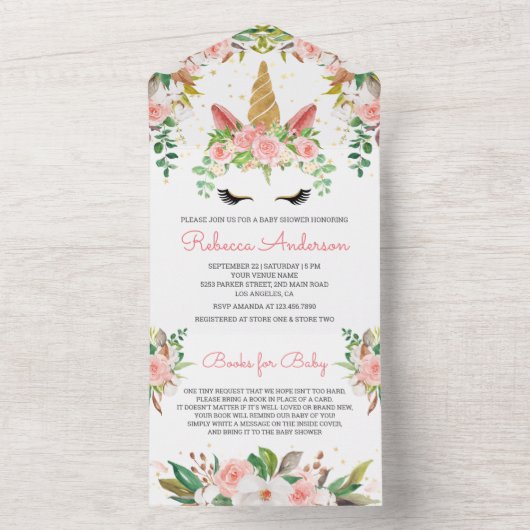 赤面ピンクのフローラ金ゴールドユニコーンベビーシャワー オールインワン招待状 (内側)